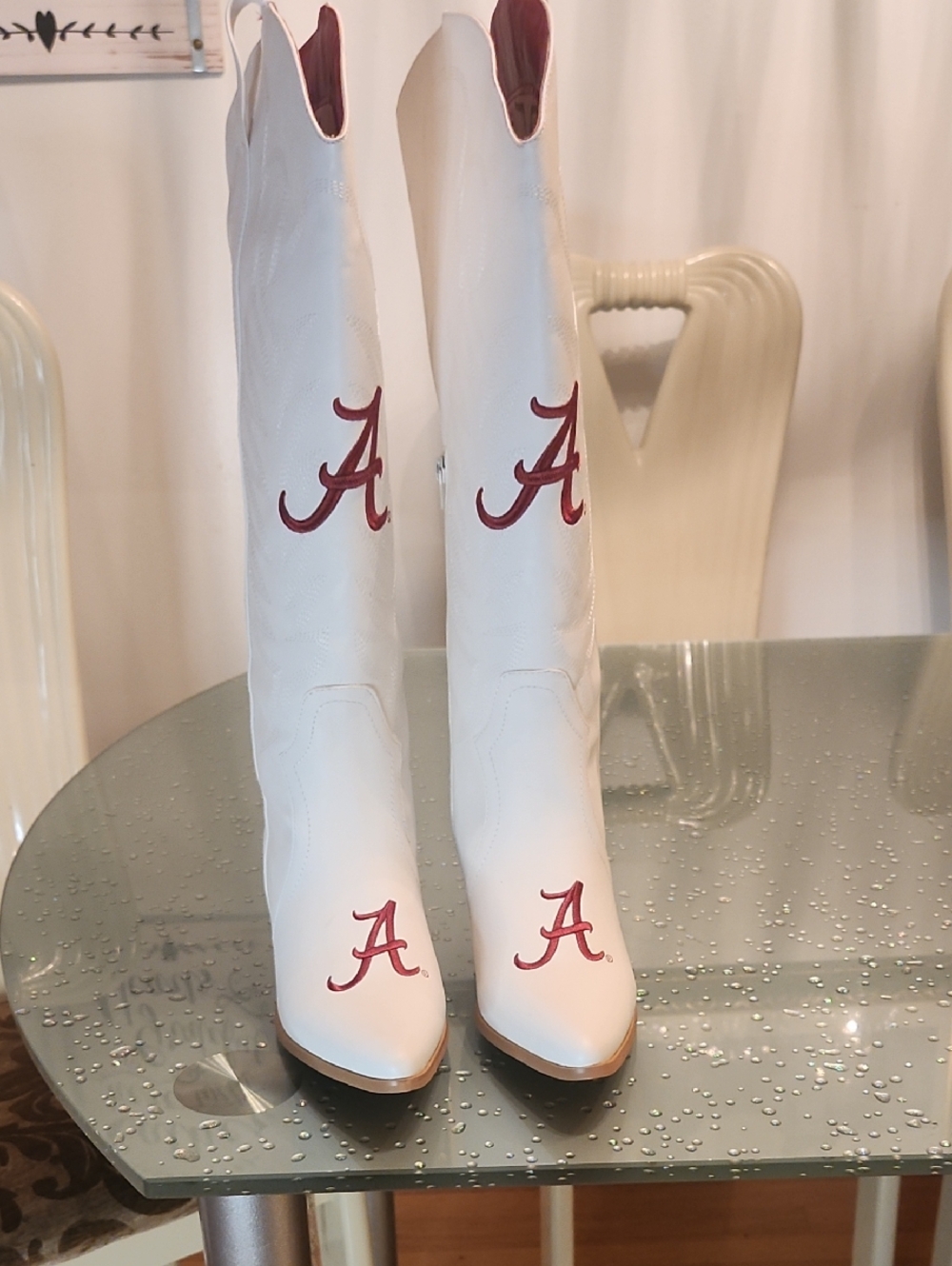 White Boots On The Ground, Cowboy Boots with RED 'A' Alabama Embroidered. New